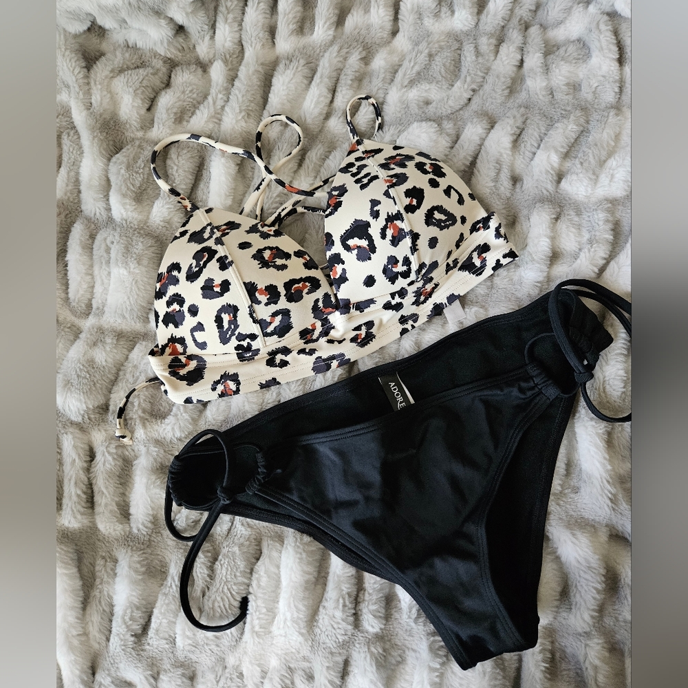 Adore me cheetah print bikini top and black bottoms